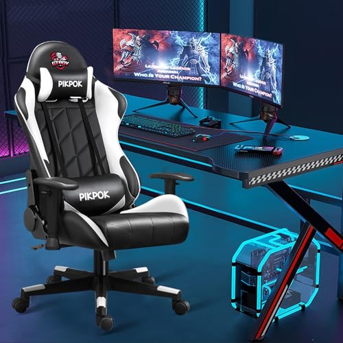 PikPok ゲーミングチェア/オフィスチェア/オフィス ゲーム用 リクライニング デスク/パソコンチェア/疲れない 椅子 テレワーク (ジャパニーズ, 黒と白)