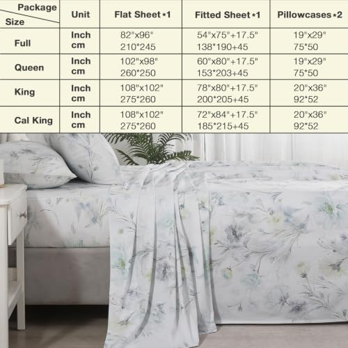 Image of Vintage Green Floral Percale Bed Sheets Full Size Deep Pocket 4Pcs | 100% Cotton Flower Farmhouse Sheet Set, Peony Print Cottagecore Sheets, Luxury Designer Bedding, Aesthetic, Soft Crisp, White