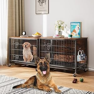 Dog Crate Furniture, 27.2″ Wooden Dog Kennel with Wheels & Double Doors, Dog Cage End Table Upgraded, Indoor Dog Crate House for Small Medium Dogs, Rustic Brown