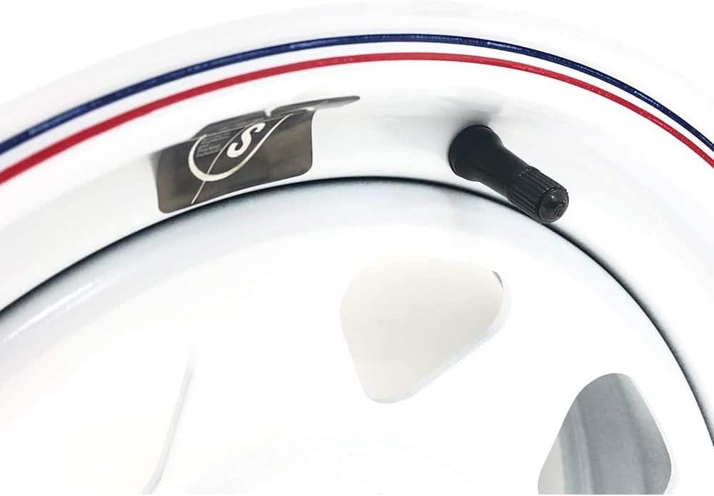 SOUTHWEST WHEEL 14" x 5.5" White Spoke Trailer Wheel with Red and Blue Pin Stripe (5-4.5" Bolt Circle)