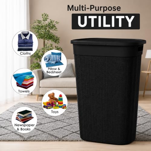 Image of KITCHIVO Plastic Large 55 Ltr Laundry Basket with Lid & Handle | Multipurpose Hamper Bins Storing Washable Clothes, Blankets | Household Ideal for Home & Bathroom (Woods Black)