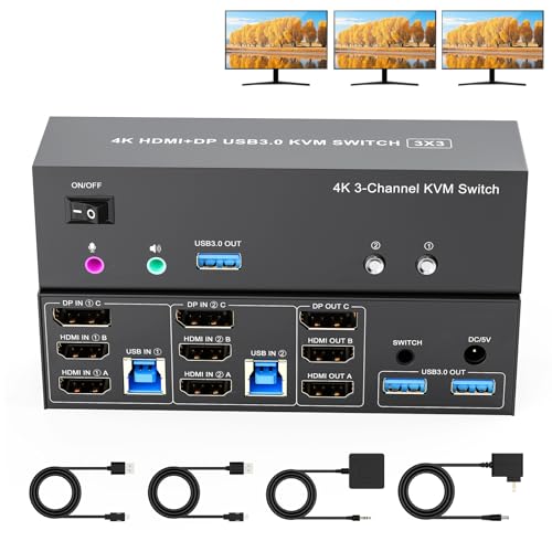 4K KVM Switch 3 Monitors 2 Computers 4K@60Hz,Displayport + 2 HDMI Triple Monitor KVM Switches 3 Ports for 2 PC Share Mouse Keyboard and 3 Screens with 2 USB 3.0 Cables and Controller