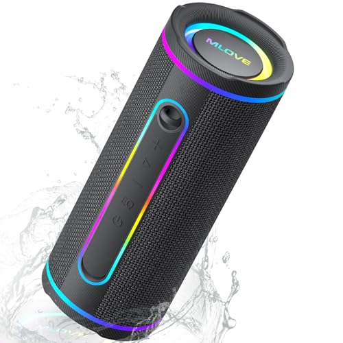 MLOVE E80 Speakers Bluetooth Wireless, Portable Bluetooth Speaker with Aux Input, Micro SD Card Slot, Bass Up, TWS, RGB Lights, IPX7 Waterproof, BT5.4 for Outdoor, Car Music, Beach, Gifts, 30W, Black