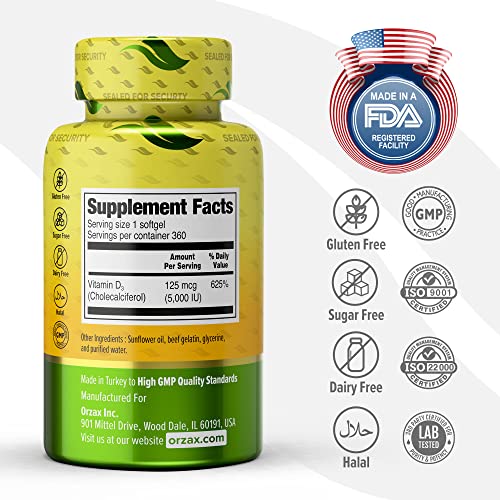 Orzax Vitamin D3 5000 Iu, 360 Days Supply, Supports Immune System & Bone Healths, Mood Booster D3 Vitamin, Gluten-Free, 125 Mcg, 360 Mini Softgel #TOP1