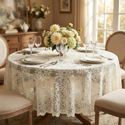 Artoid Mode Nappe ronde en dentelle jacquard, fleurs, beige, motif dahlias, printemps, saisonnier,...