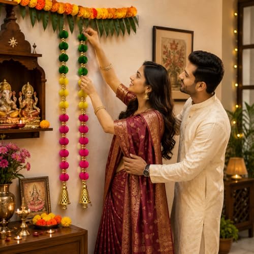 Image of BindianPom Pom Beads & Golden Bell Toran for Main Door, Pack of 10 Door Hanging Decorative Items, Home Decor Wall Hanging Decoration, Pooja Room Decor, Festival Decoration