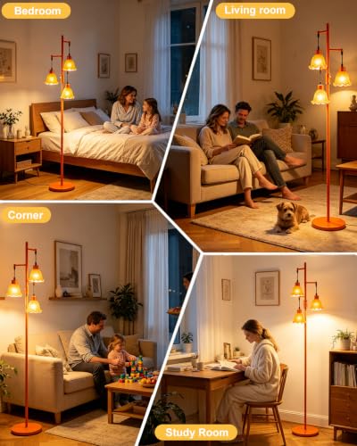 Image of Lightdot Glass Floor Lamps for Living Room, 3-Light Dimmable Floor Lamp with Orange Glass Shade& E12 Bulbs Included, Mid Century Standing Tall Lamp with 5Lbs Heavy Base for Bedroom /Sofa Beside