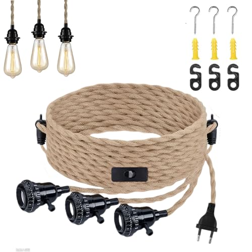 Lámpara colgante de cuerda de cáñamo para iluminar sin instalación de techo 3 luces