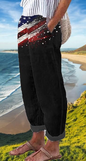 Women's Summer Boho Pant Casual Floral Print Cotton Linen Baggy Pants with Elastic Waist Relax Loose Fit Trouser - Image 2