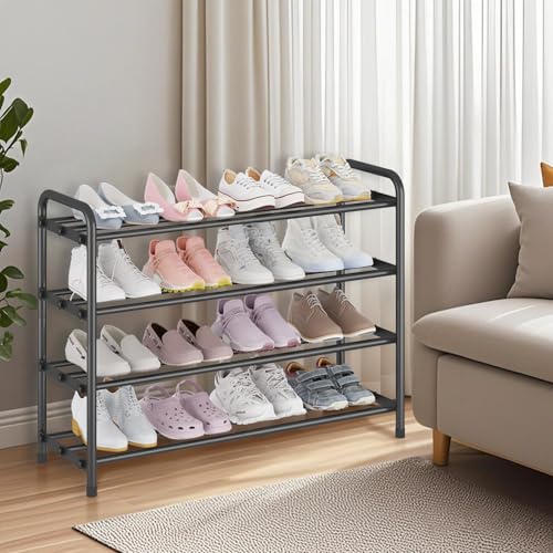 Image of KANAV 4-Tier Expandable Shoe Rack - Adjustable Shoe Organizer & Shoe Storage for Closet, Entryway, and Front Door - Space-Saving Shoe Shelf and Rack Organizer for Home - Black