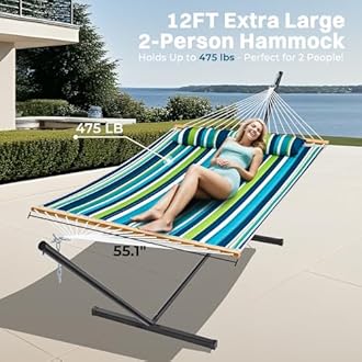 SUPERJARE Hammock with Stand, 2 Person Quilted Outdoor Hammock, Detachable Pillow & Bamboo Spreaders, Portable Hammock with Carrying Bag, Heavy Duty Stand, Perfect for Outside, Patio, Dark Cyan