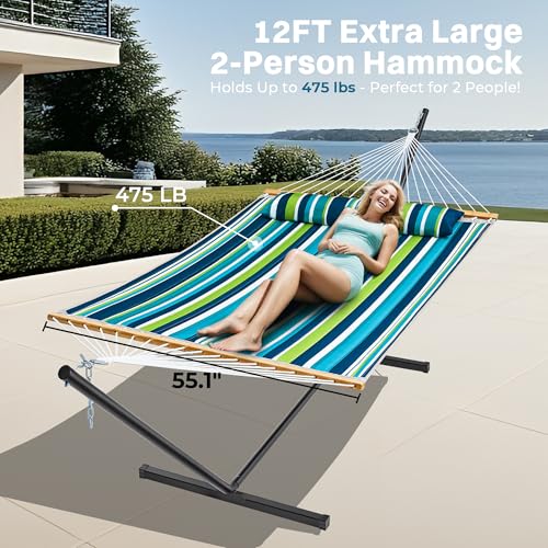SUPERJARE Hammock with Stand, 2 Person Quilted Outdoor Hammock, Detachable Pillow & Bamboo Spreaders, Portable Hammock with Carrying Bag, Heavy Duty Stand, Perfect for Outside, Patio, Dark Cyan