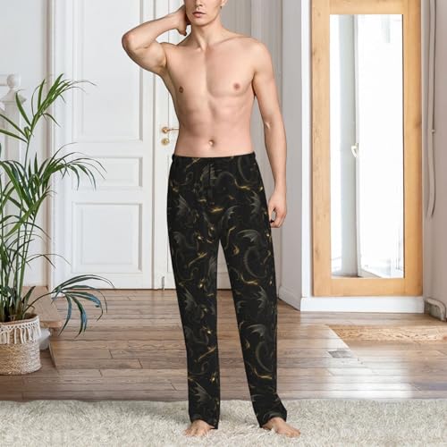 Mens Pajama Pants - Black Gold Dragon Cool A Print Soft Sleep Lounge Pants For Men, Casual Pj Bottoms With Pockets2
