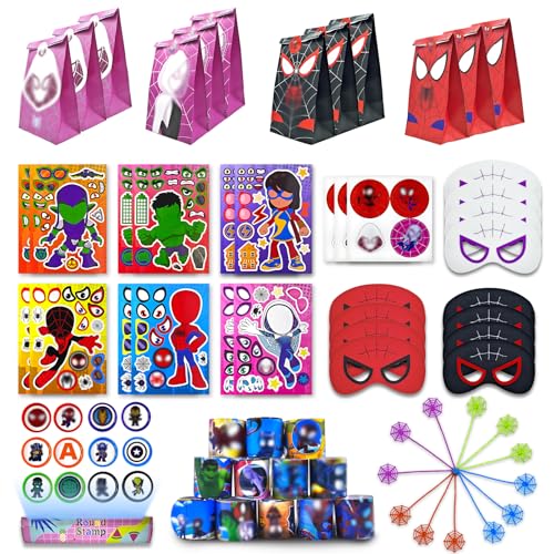 INDIVEN 75-Piece Spider Hero Party Favors Set with Treat Bags Complete Superhero Birthday Goodie Bag Fillers and Pinata Stuffers for Boys (Masks Toys & Stickers)