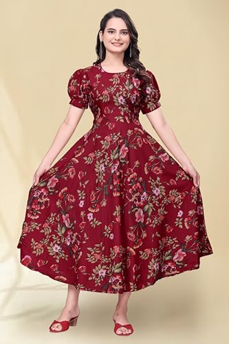 Image of Women's A-Line Crepe Maxi Dress | Stylish Fit and Flare Dress with Round Neck Short Puff Sleeves for Casual Wear