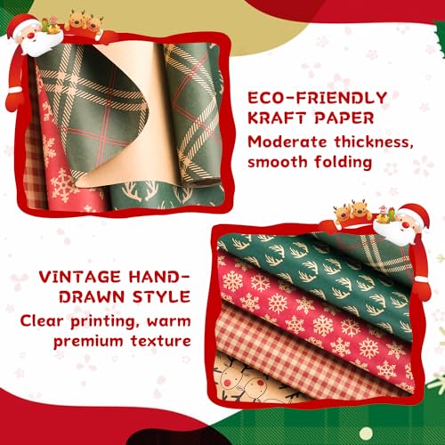 Kuvarix Geschenkpapier Weihnachten Rolle 43 x 300 cm, 6 Rollen Weihnachtsgeschenkpapier mit Bindfaden und Blanko-Etikett, Geschenkpapierrolle für Geburtstage, Festivals und Geschenkdekorationen