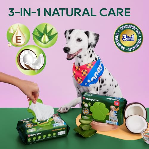 Image of HONEY CARE Disposable Pet Wipes for Dogs & Cats, Fragrance-Free, Cleansing & Soothing for Paws, Butt & Body, 100 Count (Pack of 9)