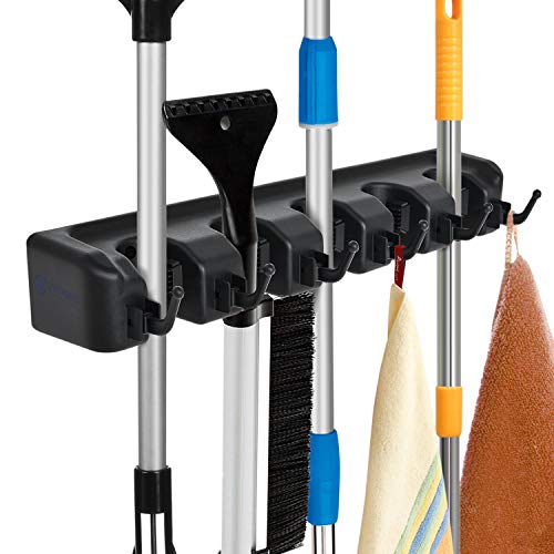 Broom and Mop Holder Wall Mounted  Strong-Grip Wall Organizer Holds 35 Lbs. with 5 Slots, 6 Hooks  Home & Apartment Necessities for Garage, Laundry Room, Garden Shed by EverGrip, 5.9x2.4x3.3 In.