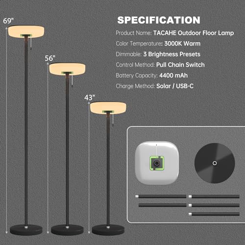 Tacahe TCH-OSFL01 Solar Floor Lamp - 3000K Warm & 3 Brightness Presets - 4400 Mah Rechargeable Battery - Solar & Usb-C Charged - Ip54 Outdoor Friendly thumb #5