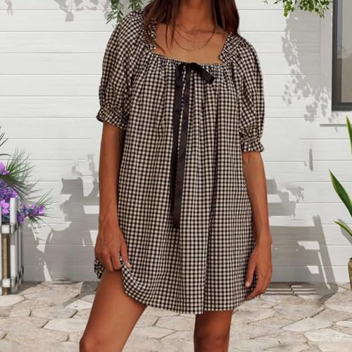Image of Women Y2k Puff Sleeve Babydoll Dresses Square Neck Tie Back Mini Dress Summer Solid Off Shoulder Flowy Sundress