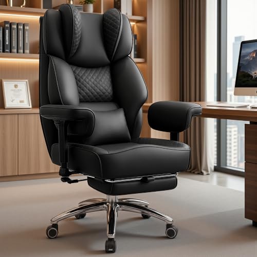 Image of Big and Tall Office Chair, Computer Desk Chair with FootRest, Black | High Back Leather Gaming Chair with Lumbar Support, Heavy Duty Ergonomic Executive Office Chair for Home Office Gaming