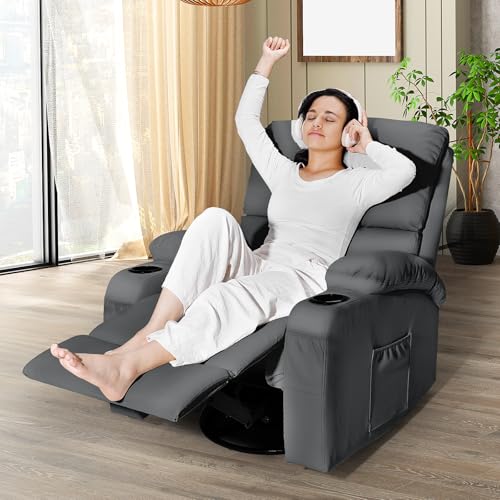 Image of LEVELEVE Rocking Recliner Chair, Massage Rocker Recliner Chair with Vibration Massage and Heat,USB and Type-C Ports, 360 Swivel Faux Leather Chairs, Living Room, Bedroom, Nursery, RV, Dark Grey