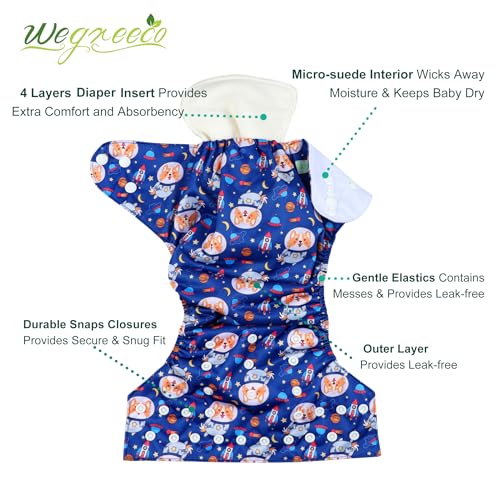 Image of wegreeco Cloth Diapers 6 Pack with 6 Inserts & 1 Wet Bag, Washable Cloth Diapers for Babies, One Size Adjustable Reusable (Little Dogs)