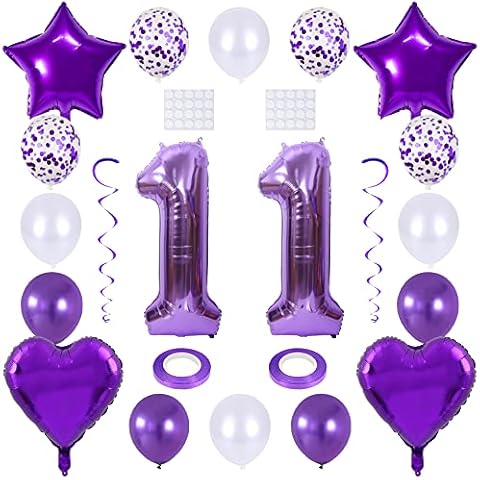 Maigendoo 11 Number Balloon Set Digit Balloons Latex Balloon Confetti Balloon Heart Star Moon Foil Mylar Balloon with Swirl Decorations for 11th Birthday Party Graduation Anniversary Event, Purple Cover