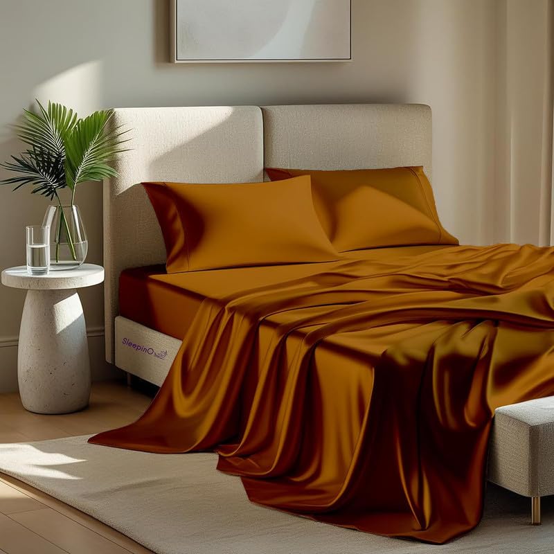 Image of Premium Satin Double Bed (90x100 Inchs) with 2 Pillow Cover Bedsheet Ultra Soft & Silky Smooth, Breathable Cooling Fabric, Luxury Glossy Finish|Copper