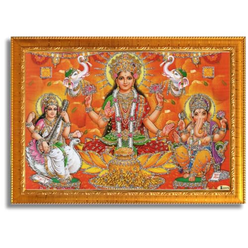Image of CRAFT QUEST Lakshmi Devi with ganesh ji and saraswati mata Wall Painting Photo Frame for Diwali Pujan (Synthetic, Golden, Sparkle Finish, Small Size, 8 X 6 Inch)