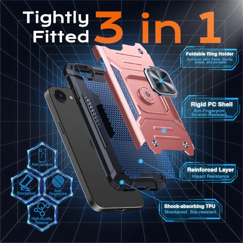 Image of Anqrp Heavy Duty Case for iPhone 17e /16e Case with Enhanced Ring Holder Grip Stand, Military Grade Shockproof Rugged Drop Protective Silicone Hard Slim iPhone 17e /16e Phone Case Cover,Pink Gold