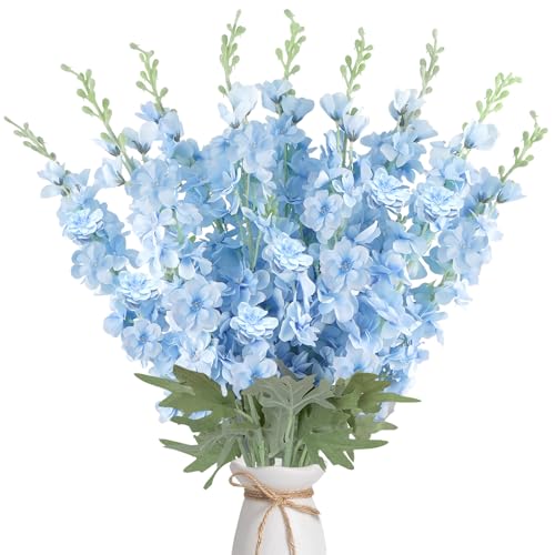 COEWUR 16Pcs Light Blue Delphinium Artificial Flower 33.5 Faux Flowers Long Stem Silk Larkspur Flowers Bulk for Tall Vase for Home Wedding Floral Arrangements Centerpiece Table Decor