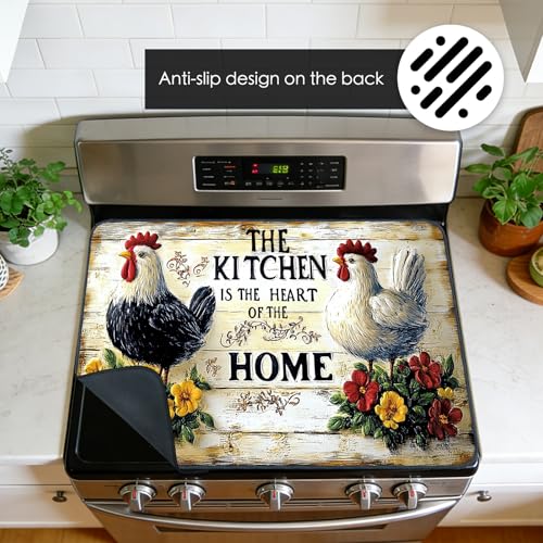 Image of Nuxovilar Rooster Kitchen Stove Top Cover, 20.47x28.34 Inches Polyester | Cooktop mat kitchen decor glass cooktop cover gas cooktop protector for kitchen, apartment countertop (Rooster quote print)