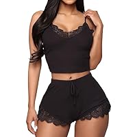 Satohom Damen Sexy Spitzen Pyjama-Set V-Ausschnitt Cami Top Schlafanzug Unterwäsche Trägerloser Sling Tanktop und Shorts, Crop Top und High Waist Stretchhose Babydoll Bodysuit Nachtwäsche für Frauen