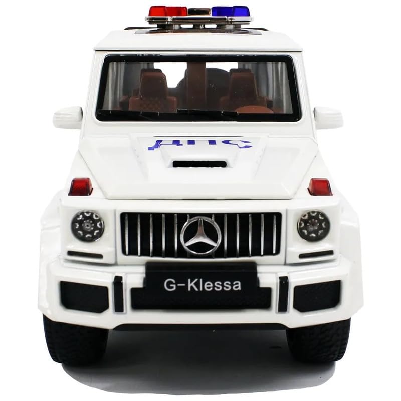Image of New 1:24 G Wagon Police Jeep Diecast Alloy Metal Pull Back Car with Openable Doors Music Sound and Light Vehicle Toy Car for Kids Boys (White)