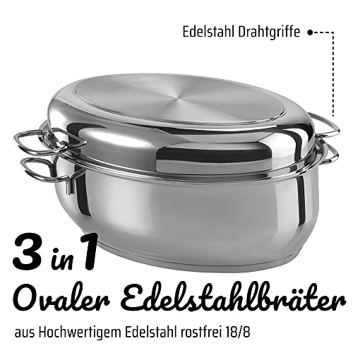 Foto von GSW 411318 3in1 Multibräter 3-in-1 – hochwertiger 2 Deckeln, ideal zum Schmoren, Dünsten und Braten, auch für Induktion und Backofen – Edelstahl, rostfrei, 8,5 Liter, 18/8, Glas, 7 liters, Silber