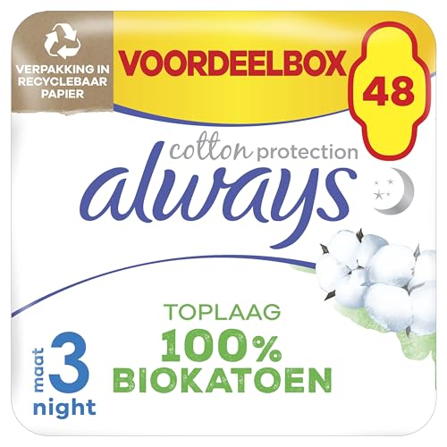 Always Ultra Compresas para mujer, tamaño 3, Cotton Protection Night, 48 compresas con alas (3 x 16 unidades), paquete mensual, ultrafinas y súper absorbentes