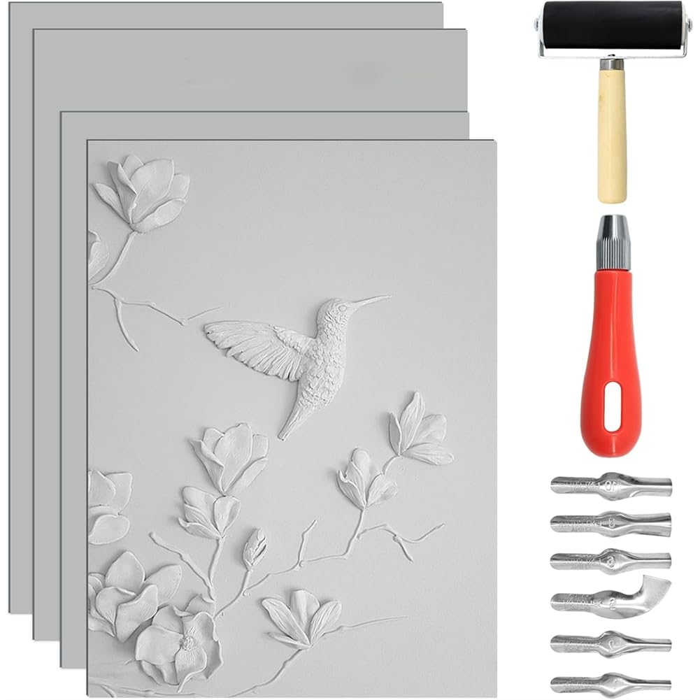Udsknv[Ksl As Shown Soft Rubber Linoleum Blocks(4Pcs)- For Printmaking Carving Cutting Tools Included, Sizes 8" X 10" And 9" X 12"