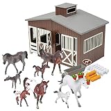 Constructive Playthings Deluxe Toy Horse Stable Playset with 8 Horse Toys and Accessories, BPA-Free Farm Set, Use for Christmas Gifts and Birthday Gifts, Brown, 23 pc., Toddler Toys for 3 Years Up