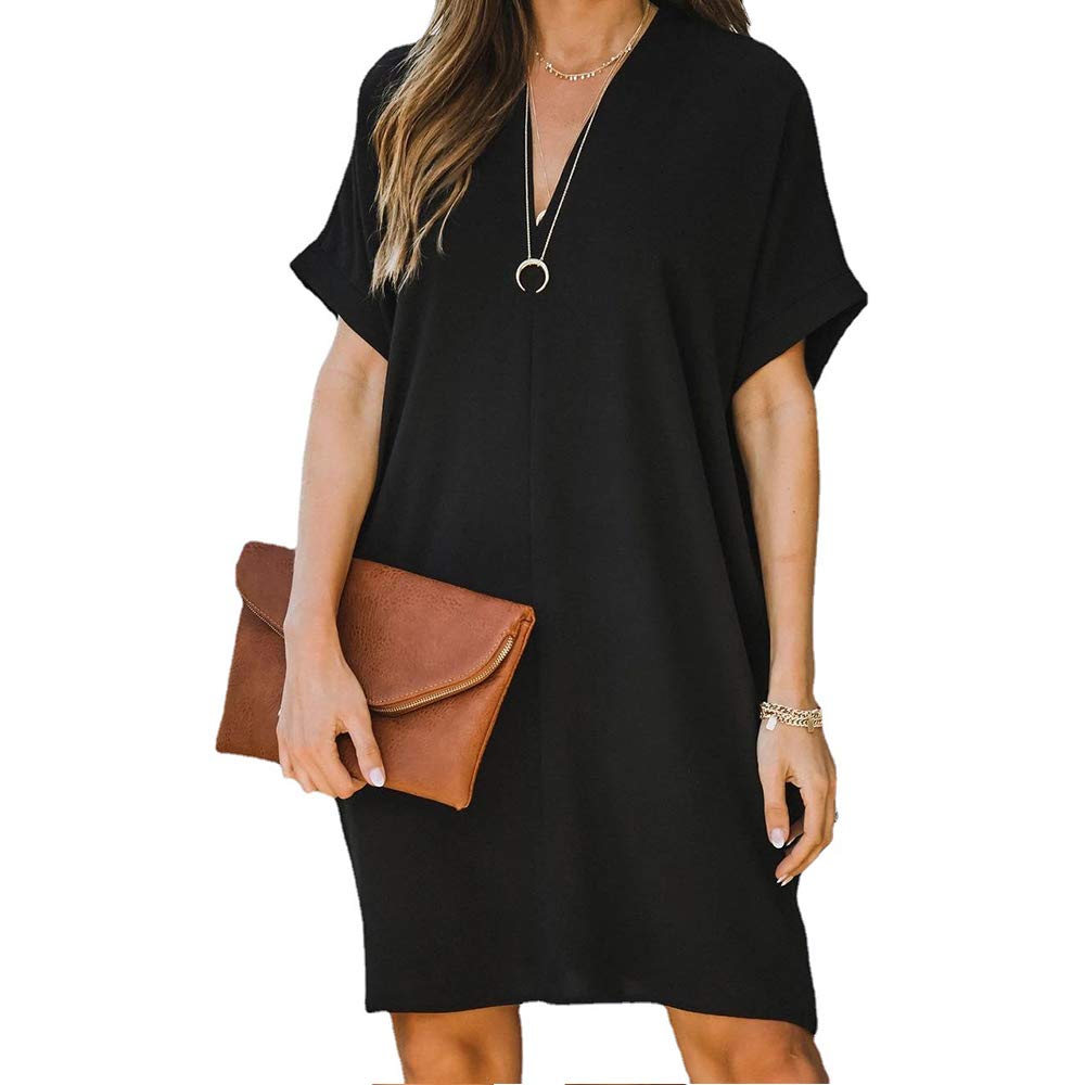 Morbuy Morbuy Mujer Vestidos Cuello V, Verano Manga Corta Casual Elegante Mini Vestido para Fiesta Cóctel Playa Vacaciones Talla Grande (Negro,M)