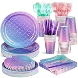 Blushtier 350 Pcs Mermaid Party Supplies Mermaids Themed Decorations Under the Sea Disposable Dinnerware Set Includes Plates Napkins Cups Spoons Fork Knives for Birthday Party (Multicolor)