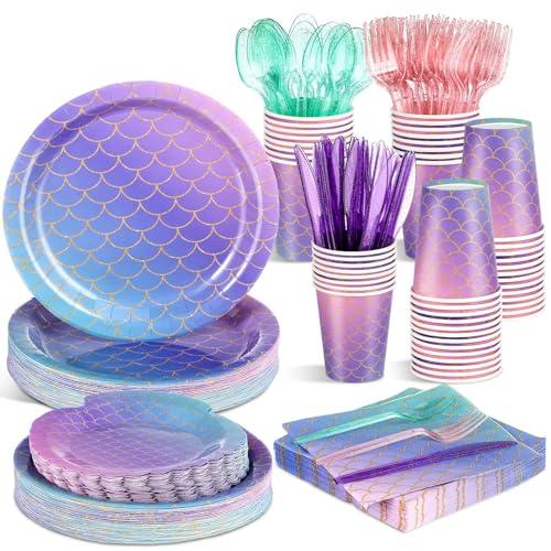 Blushtier 350pcs Mermaid Party Paper Plate Napkin Tableware,multicolor