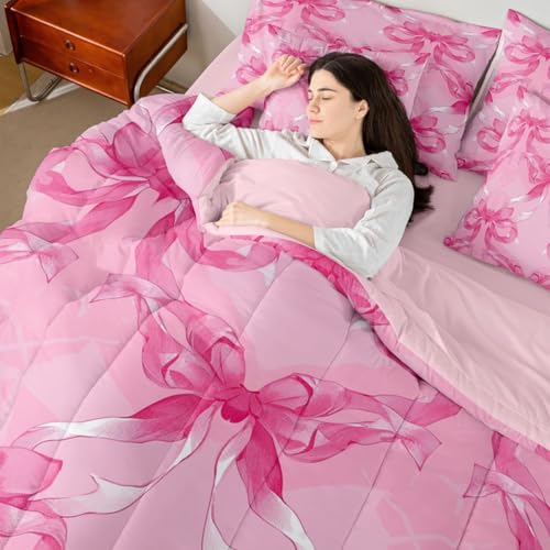 Image of Pink Bow Full Size Bed Sheets and Comforter Set | Cute Ribbon Bowknot 7 Piece Bedding Set Princess Bow Bed in a Bag, Kawaii Bow Tie Room Decor,Light Pink Room Decor Aesthetic