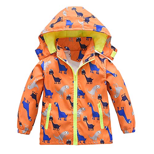 Toddler Boys Girls Jacket Hooded Trench Dinosaur Lightweight Kids Coats Windbreaker Outdoor (Orange,4T)
