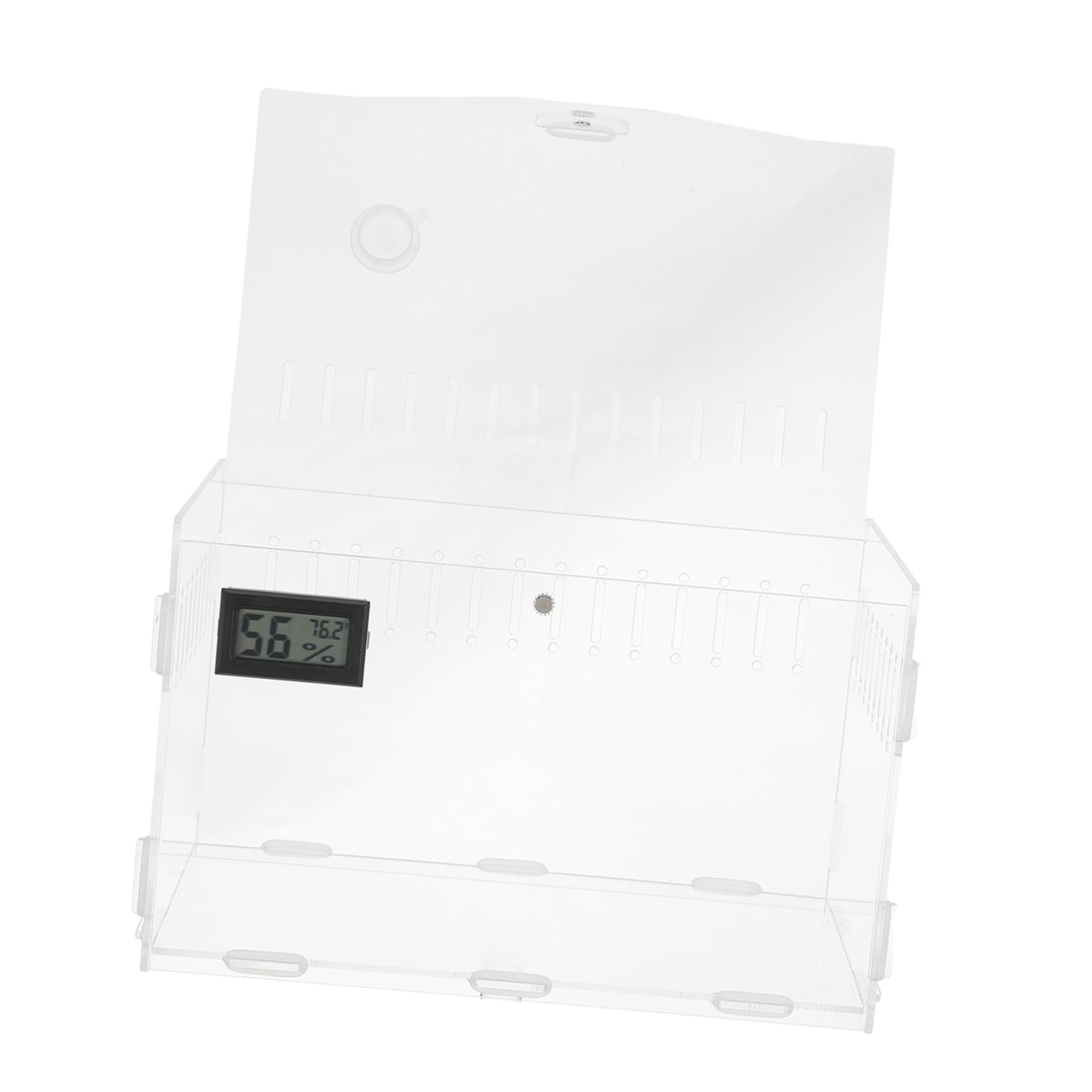 Teca per Rettili in Acrilico con Termometro e Igrometro Digitale | Ventilazione a 360°, Rete Ampia Superiore, Base Inferiore Removibile per Manutenzione Semplice