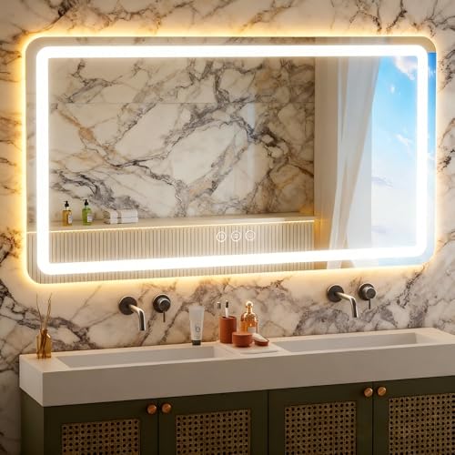 Image of 55 inch x 30 inch Led Bathroom Mirror with Lights, Anti-Fog & Tri-Color Lighting - Wall Mounted Shaving Mirror with Touch Sensor, Waterproof & Smart LED Vanity Mirror,Tempered Glass, Dimmable Smart Mirror