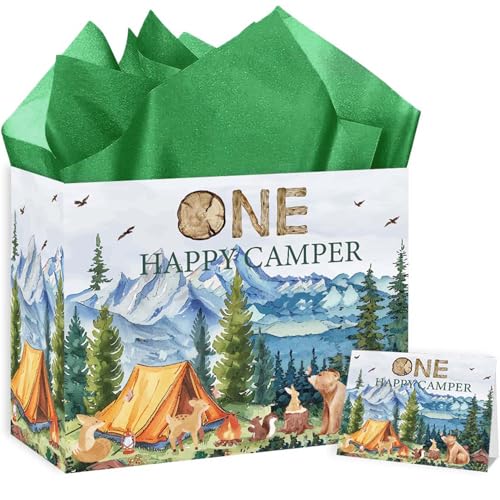 RTMISA One Happy Camper Birthday Gift Bag with Tissue Paper and Greeting Card One Year Old Boy Birthday Gifts Wrapping Paper Bag, 1st Bday Boy Present Wrap, First Birth Day Party Decorations Supplies