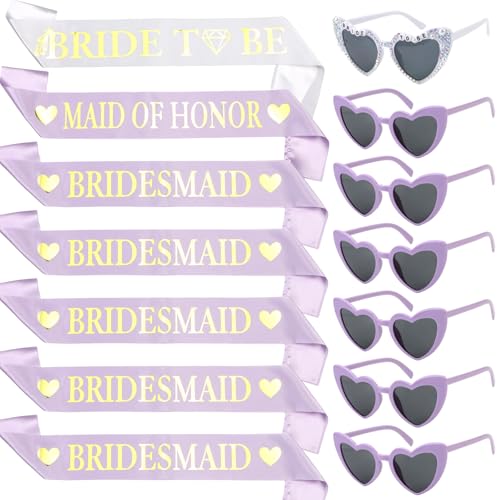 Serencatcher 14 Pcs Purple Bachelorette Party Accessories Set with Bride To Be, Maid of Honor and Bridesmaid Sashes, Heart Sunglasses Bridal Shower Gift Kit for Bride and Bridesmaids