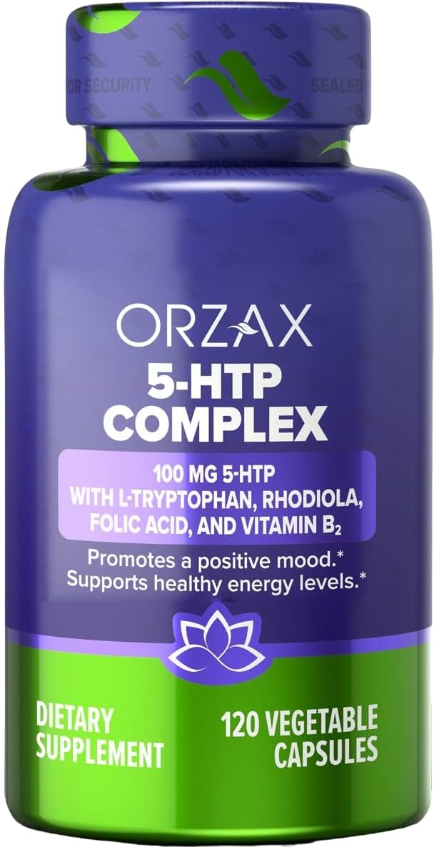 ORZAX 5-HTP 200mg Supplement Capsules with L-Tryptophan, Rhodiola, Vitamin B2, and Folic Acid - Supports Vitality and Inner Peace Supplements 100mg 5HTP Per Serving, 120 Capsules