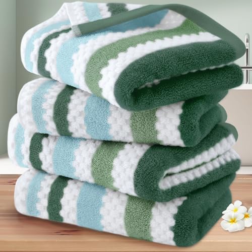 Waffle Hand Towels for Bathroom, Hand Towel Set of 4, 16"x27" - 100% Cotton | Quick Dry | Thick | Soft | Absorb | Lightweight, Striped Bathroom Hand Towels Decorative Set, Green Stripe + White Checker